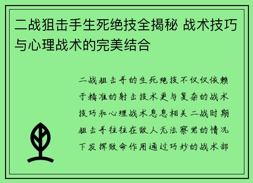 二战狙击手生死绝技全揭秘 战术技巧与心理战术的完美结合