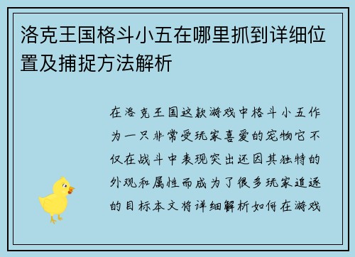 洛克王国格斗小五在哪里抓到详细位置及捕捉方法解析 洛克王国格斗小五在哪里抓到详细位置及捕捉方法解析